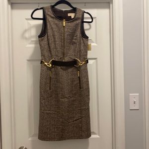 NWT Michael Kors chocolate faux leather trimmed dress with pockets. Size 2